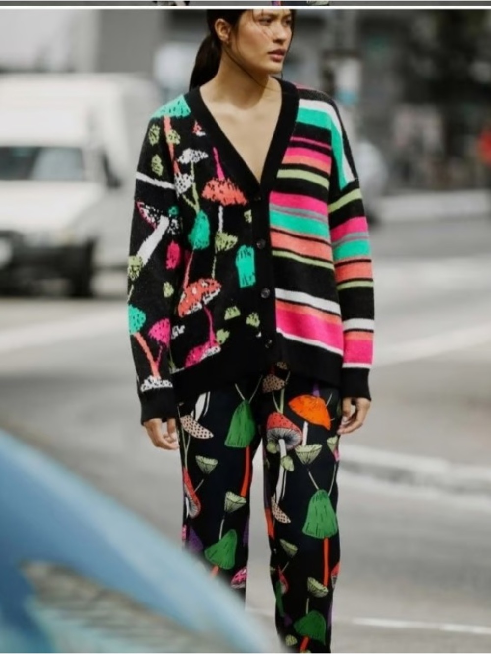FARM Rio Black Cardigan with Neon Pink, Green & Aqua Stripe and Mushroom Motif